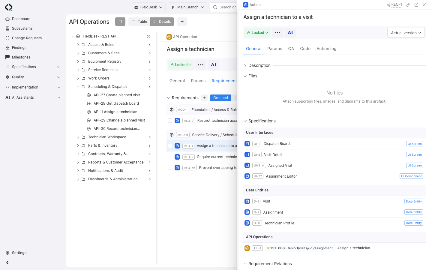 REQ-1 connects the assignment behavior to screens, data entities, and the API operation.