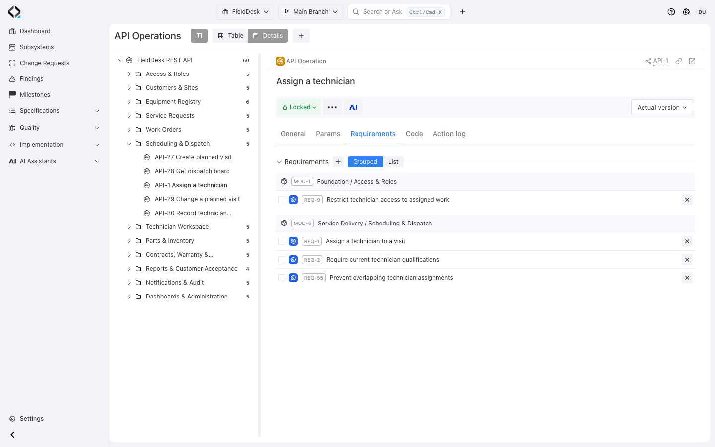 Assign a technician: the Requirements tab groups the governing product rules.