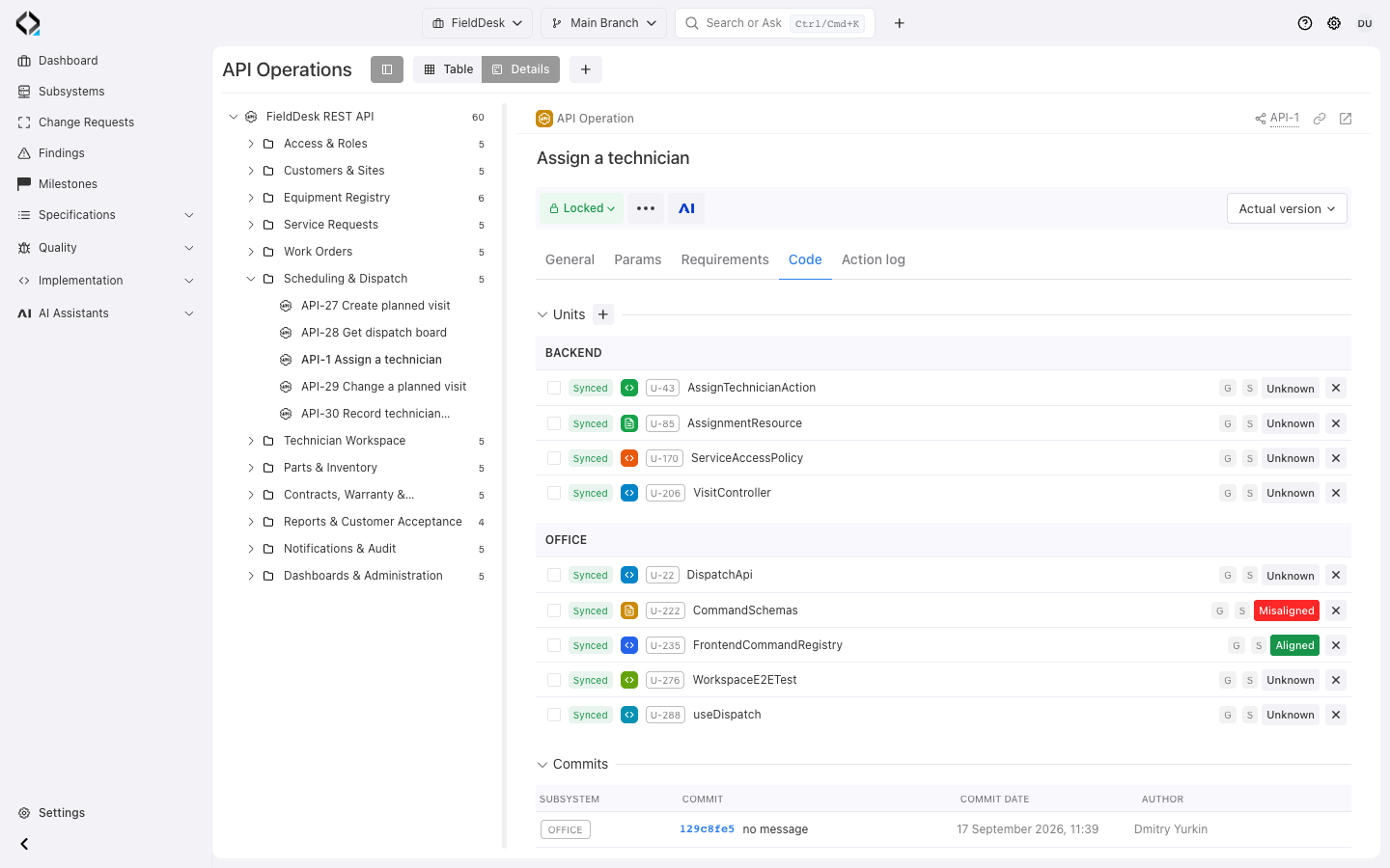 Assign a technician: linked backend and office Units, alignment states, and commits.
