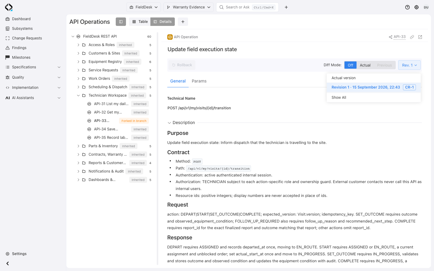 Warranty Evidence: historical API revision, behavior rules, and the linked CR-1.