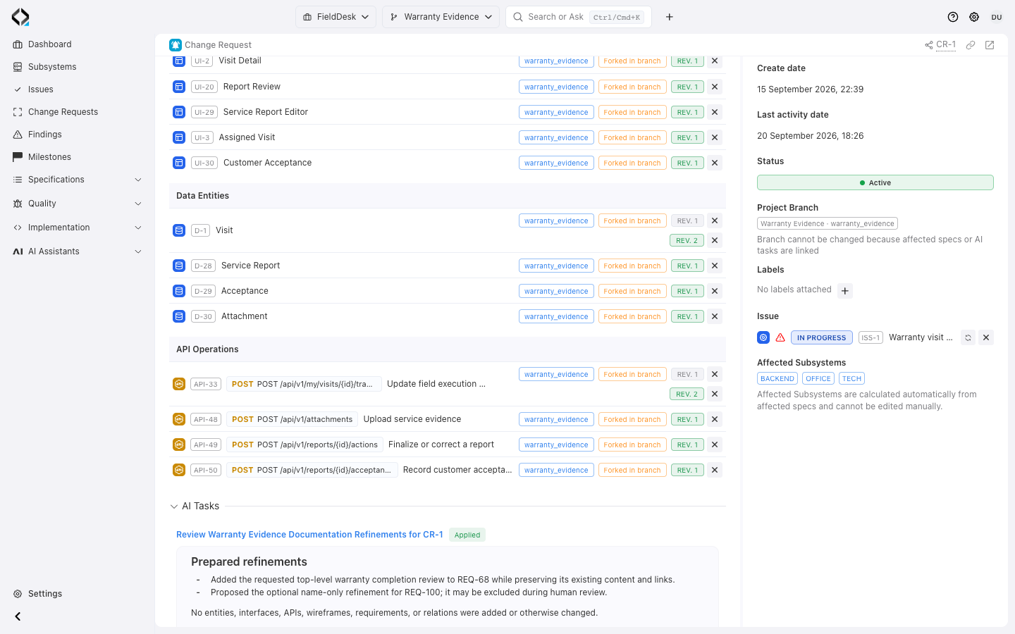 CR-1: affected Data Entities and API Operations, exact revision links, and the applied AI review.