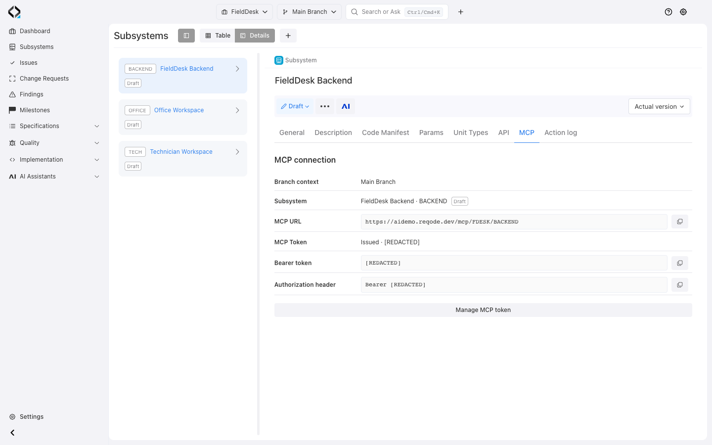FieldDesk Backend: MCP endpoint and Authorization header for connecting a coding agent. Credentials are redacted.