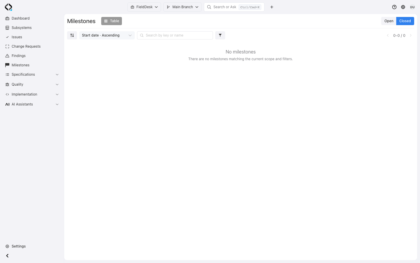 The Closed milestones view. FieldDesk has no closed delivery stages yet.