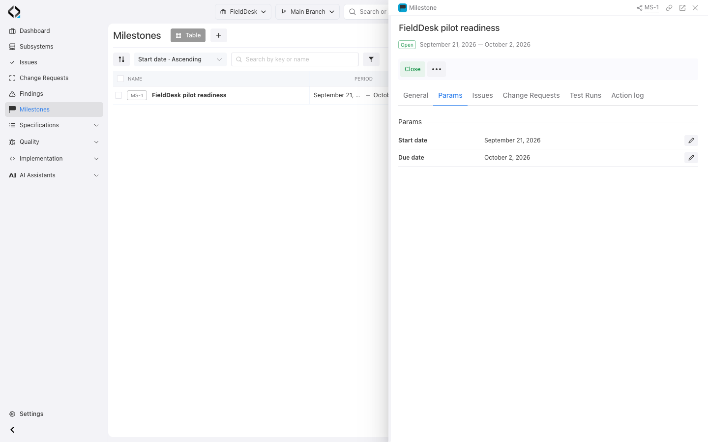 MS-1 period settings with editable start and due dates and the Close action.