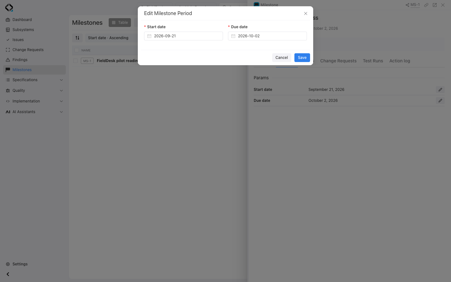 Edit Milestone Period: start and due date controls for the FieldDesk pilot.