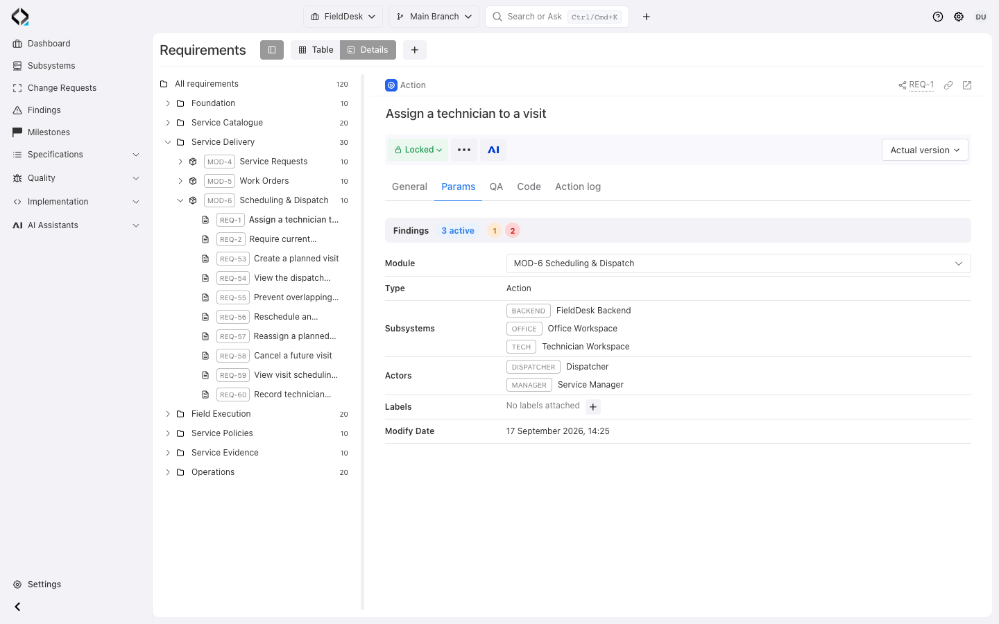 FieldDesk: the Scheduling & Dispatch module and requirement classification by type, subsystems, and actors.