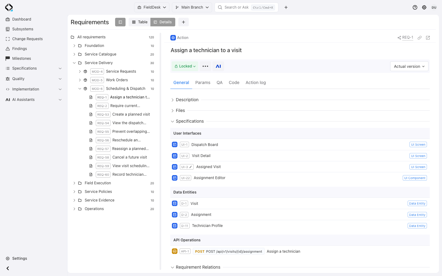 REQ-1: connected User Interfaces, Data Entities, and API Operations in the requirement detail.