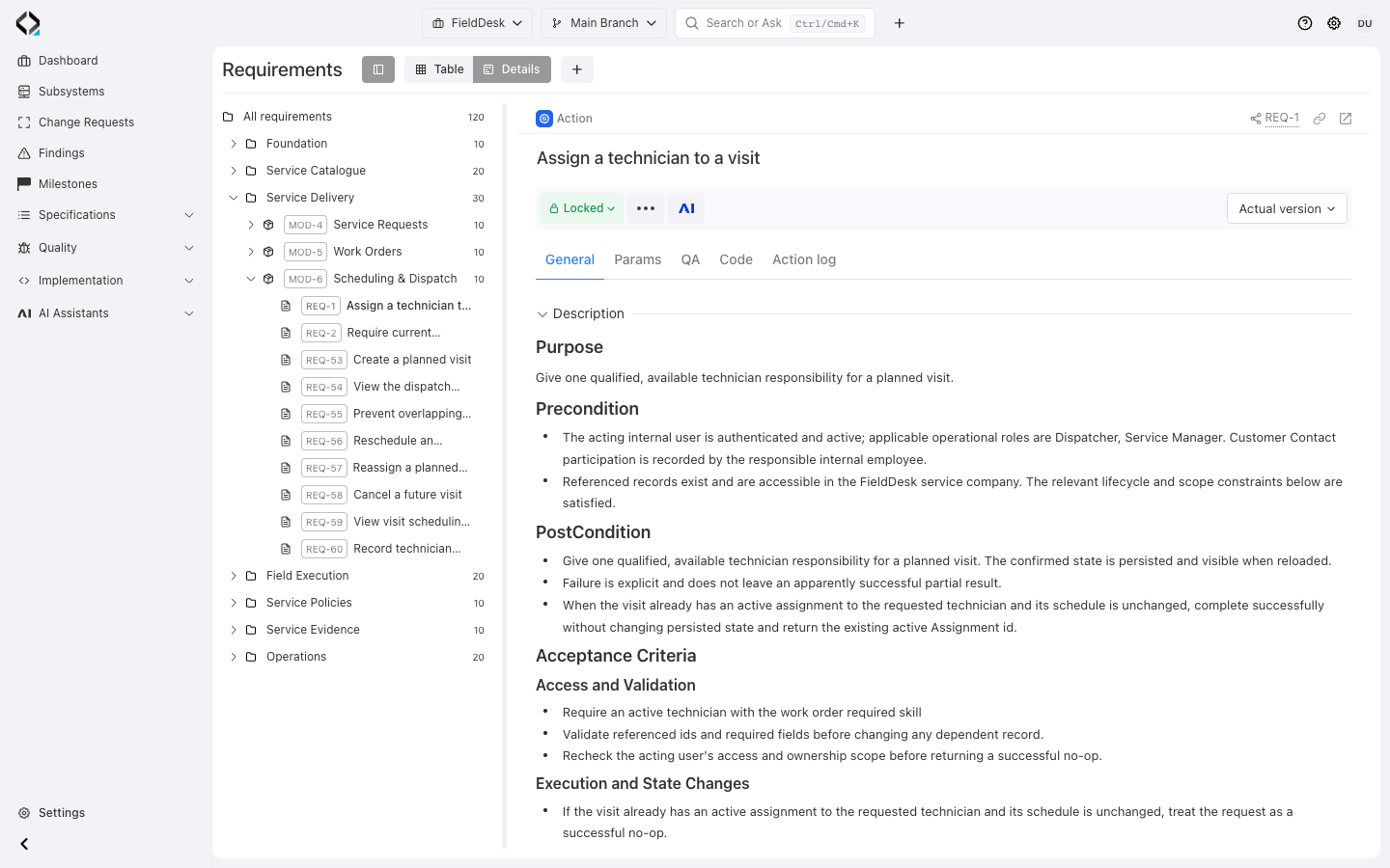 FieldDesk REQ-1: the purpose and acceptance criteria for assigning a technician to a visit.