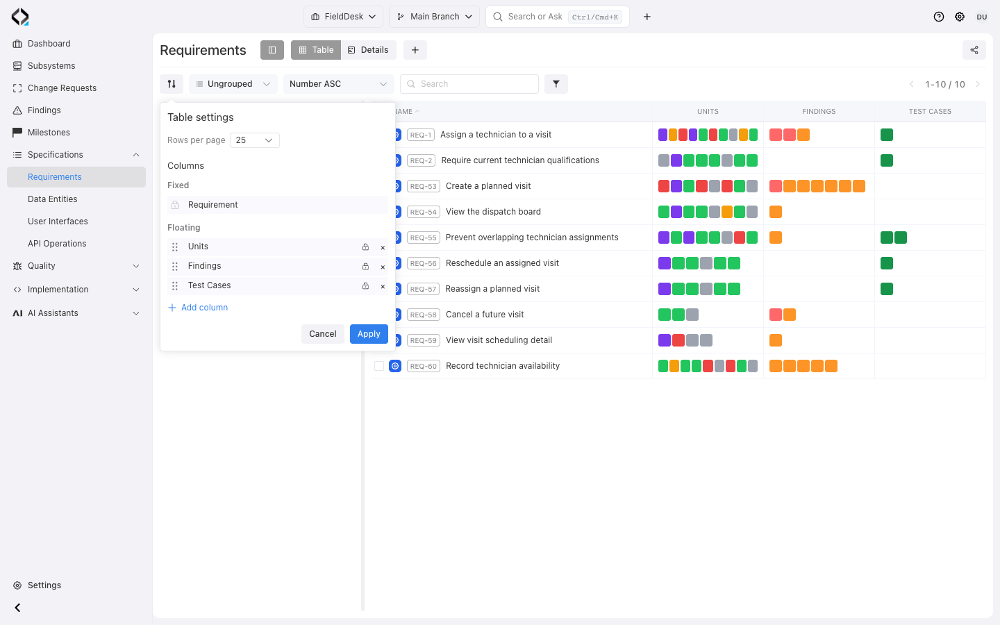 Table settings with Units, Findings, and Test Cases enabled for Scheduling & Dispatch.