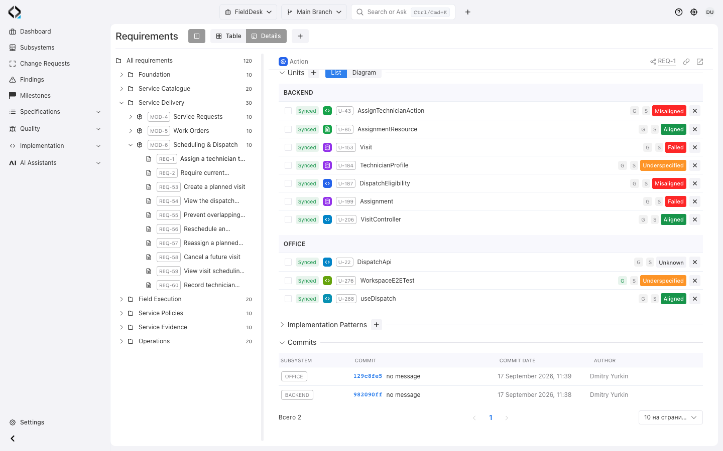 REQ-1: implementation units and the recorded office and backend commits.