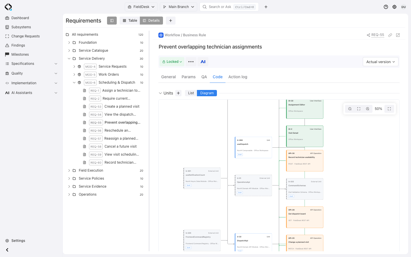 REQ-55: Code → Units → Diagram, with technical dependencies, UI/API nodes, and the fullscreen control.