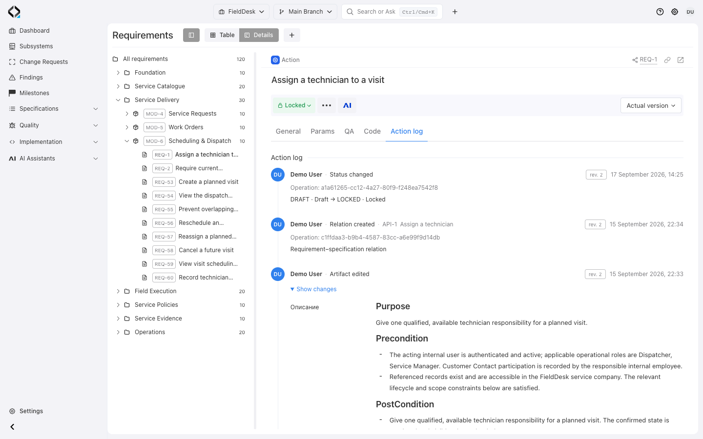 REQ-1 Action log: timestamps, initiator, revision context, and expanded description changes.