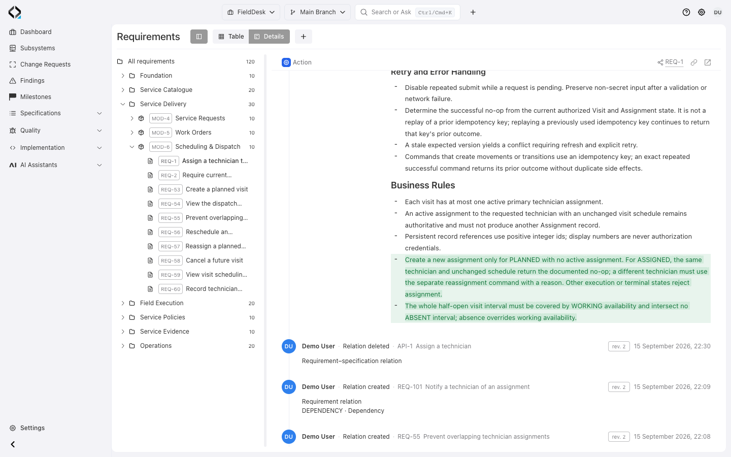 The expanded Action log event highlights the added assignment-state and technician-availability rules.