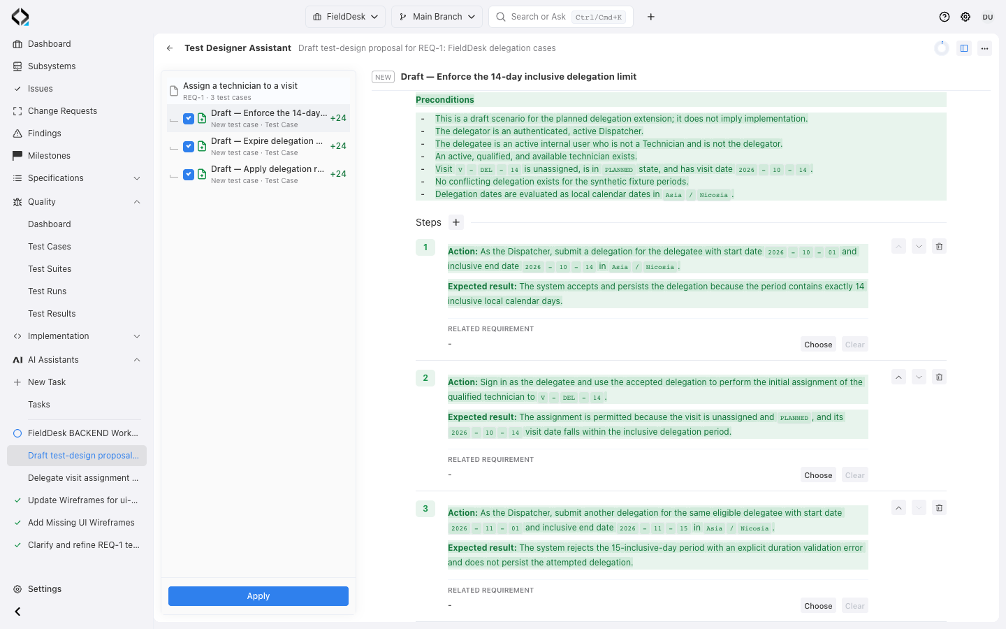 AI Test Designer proposes FieldDesk delegation tests for review before applying changes.