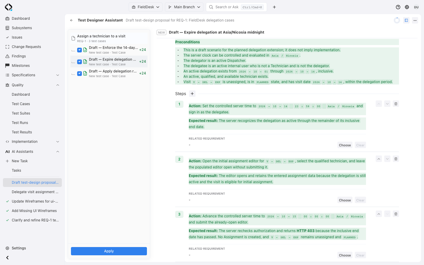 Review editable steps and expected results for delegation limits and expiry, linked to REQ-1.