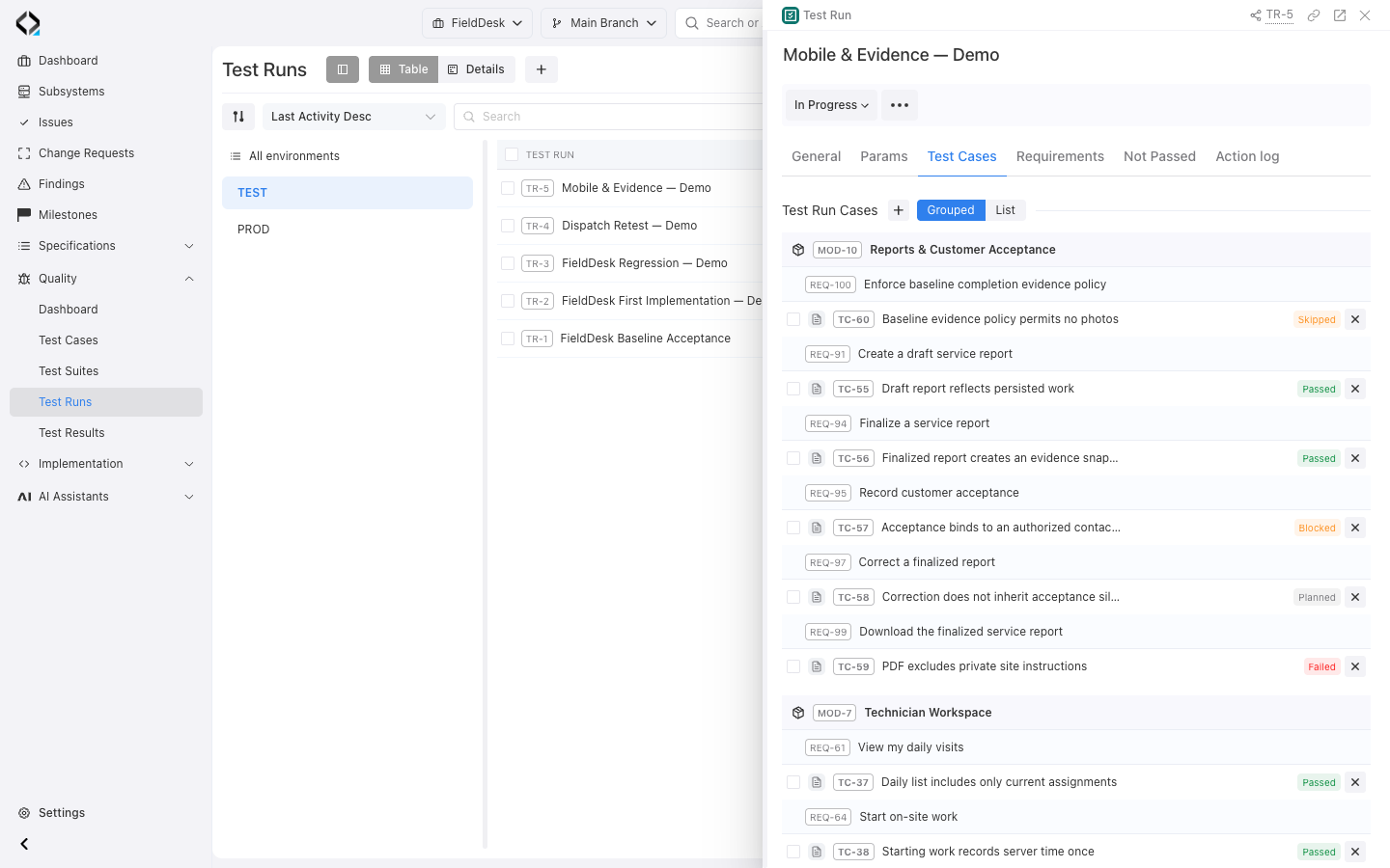 Requirement-linked cases with Passed, Failed, Blocked, Skipped, and Planned outcomes in a demonstration run.