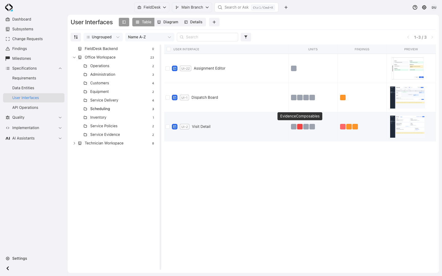Office Workspace: scheduling screens with linked Units and Findings.