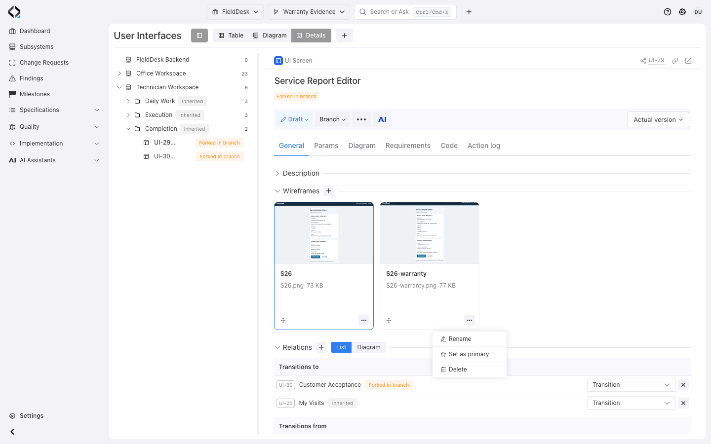 Service Report Editor: baseline and warranty-evidence wireframes, primary selection, and collection controls.