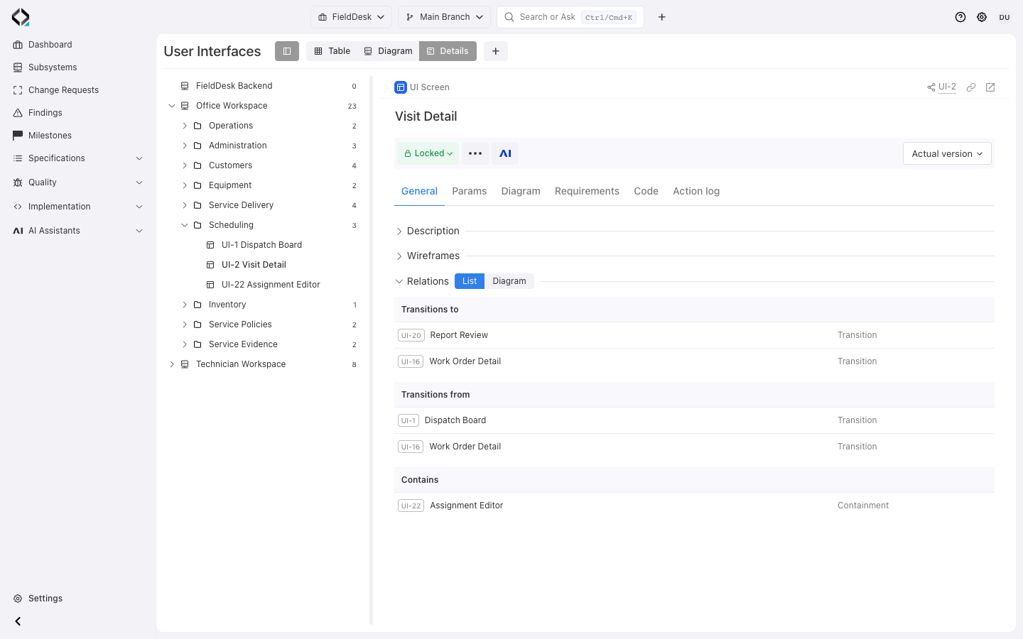 Visit Detail: outgoing and incoming transitions, plus the embedded Assignment Editor.