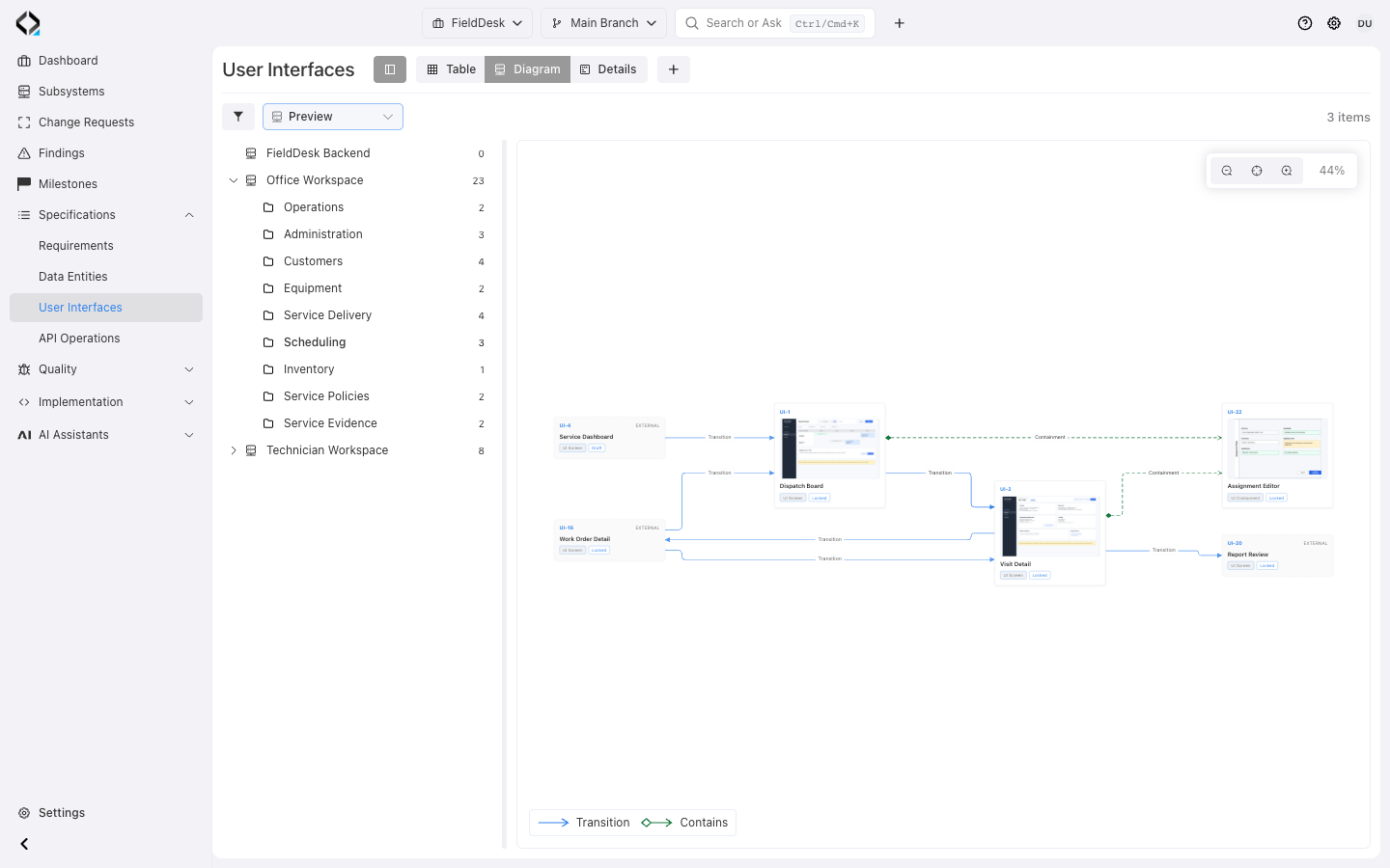 Scheduling in Preview mode: screen wireframes, transitions, and containment.