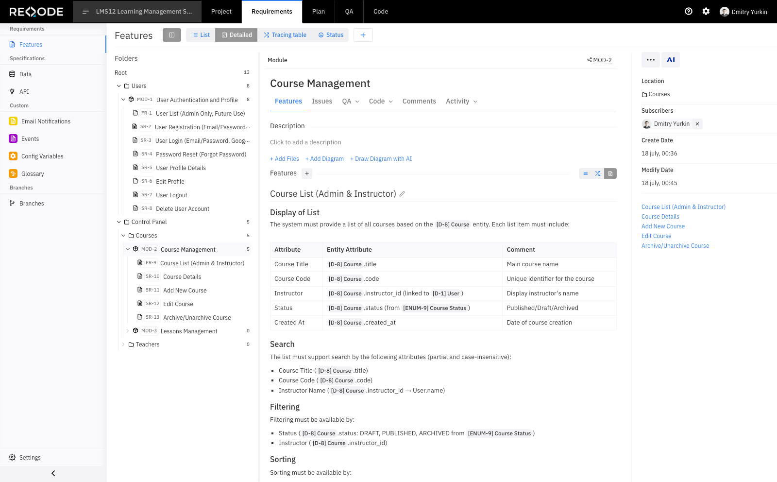 Requirements Management in Reqode