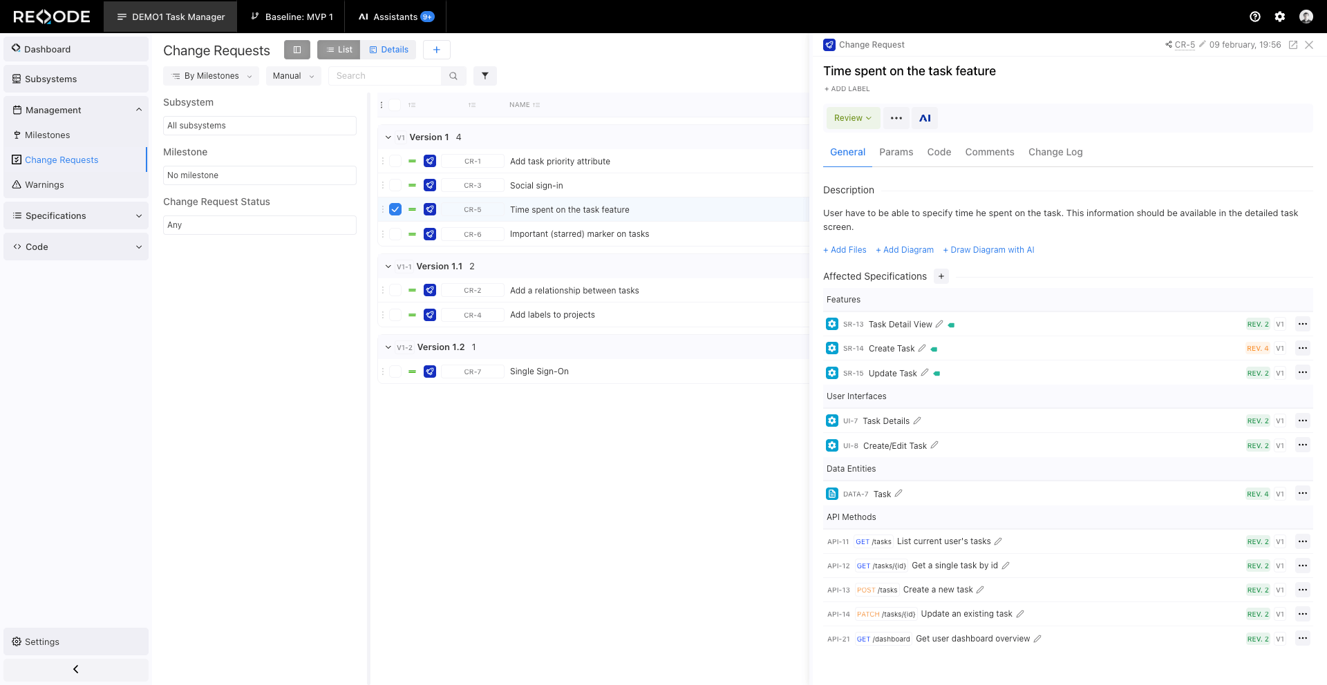 Change management in Reqode