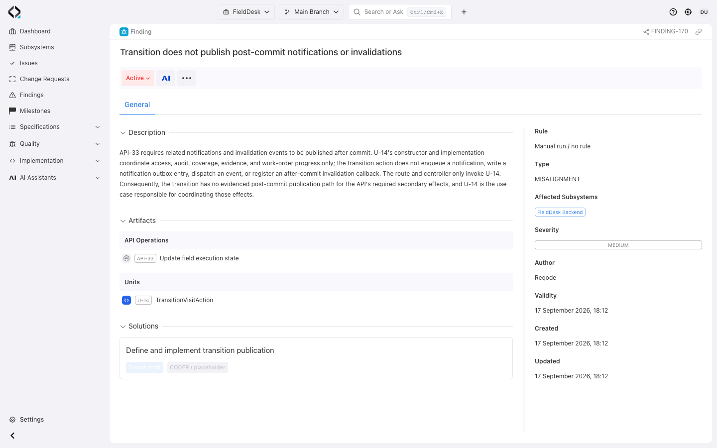 FieldDesk FINDING-170 on Main Branch: missing post-commit publication in API-33 and U-14, source evidence, Medium severity and proposed solution.
