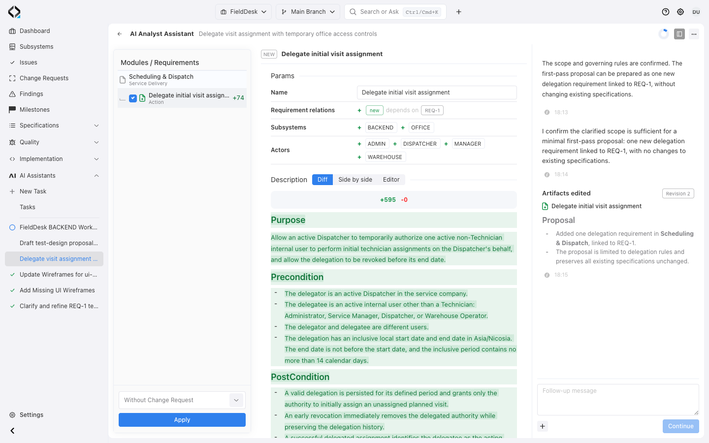 FieldDesk AI Analyst: clarified delegation scope, proposed requirement linked to REQ-1, and diff before Apply.