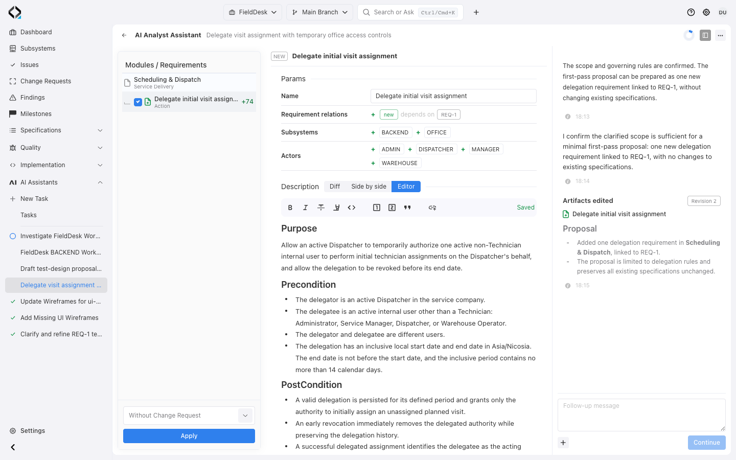 Review the delegation requirement in Editor mode before applying the proposal.