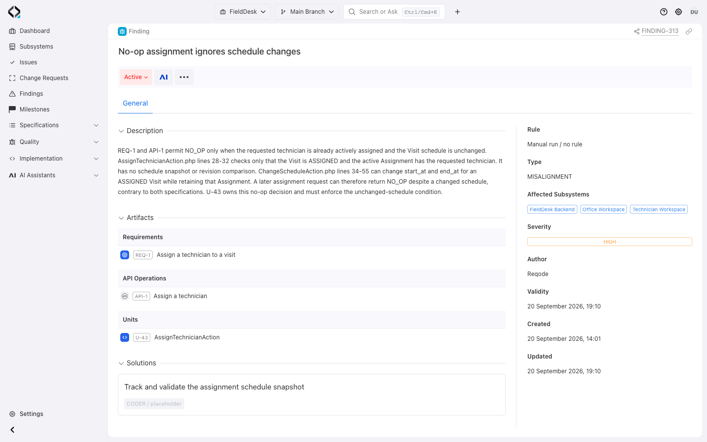 FINDING-313: source evidence, REQ-1, API-1, U-43, HIGH severity, and the proposed schedule-snapshot correction.