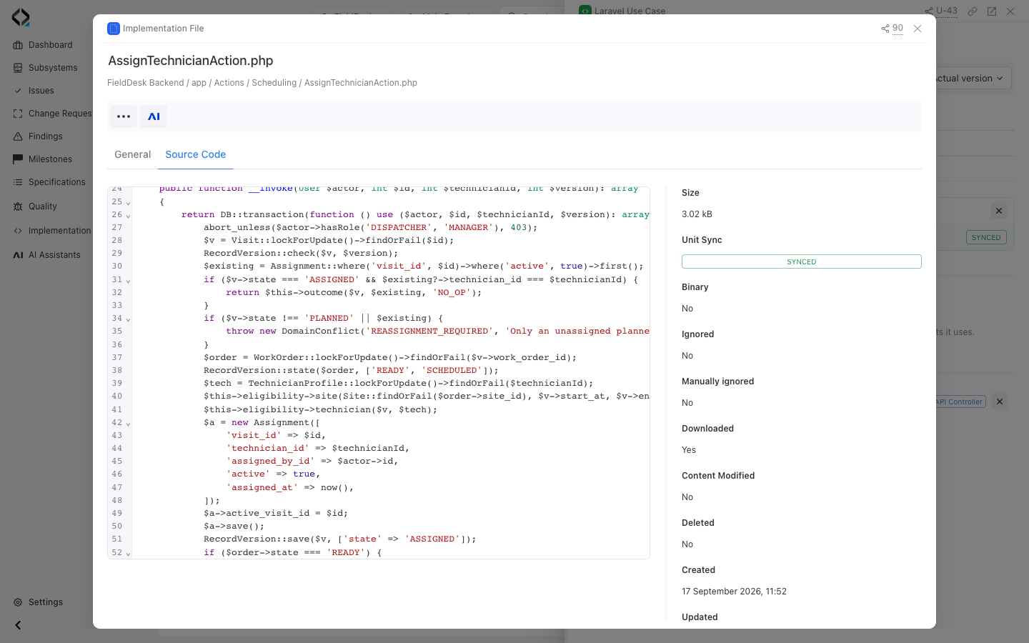 FieldDesk source viewer for app/Actions/Scheduling/AssignTechnicianAction.php, showing the PHP implementation and synchronized file status.