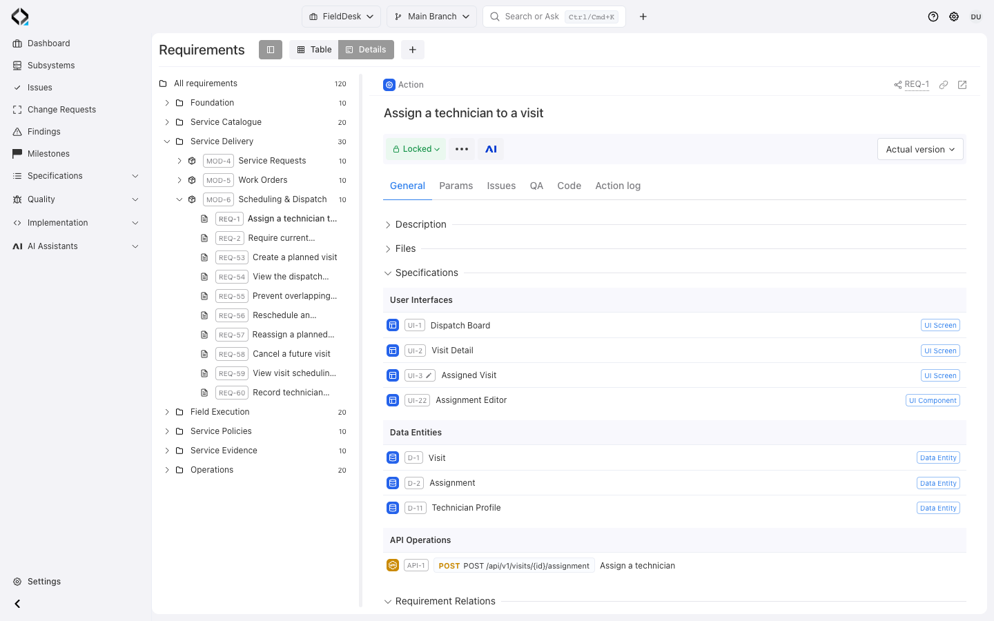 REQ-1 connects the assignment requirement to User Interfaces, Data Entities, and the assignment API.