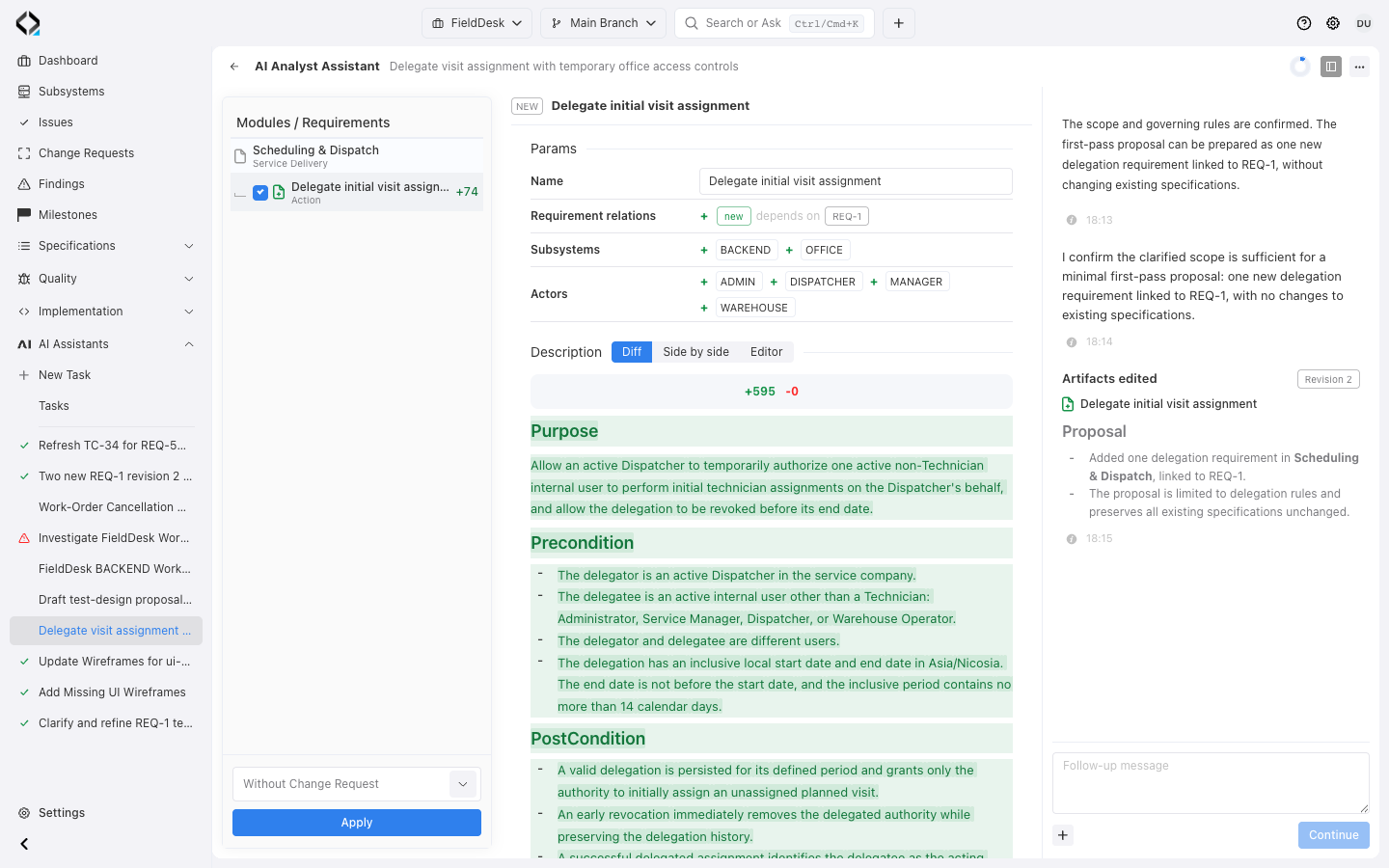 FieldDesk AI Analyst: proposed visit-assignment delegation, confirmed clarification context, highlighted additions and Apply control.