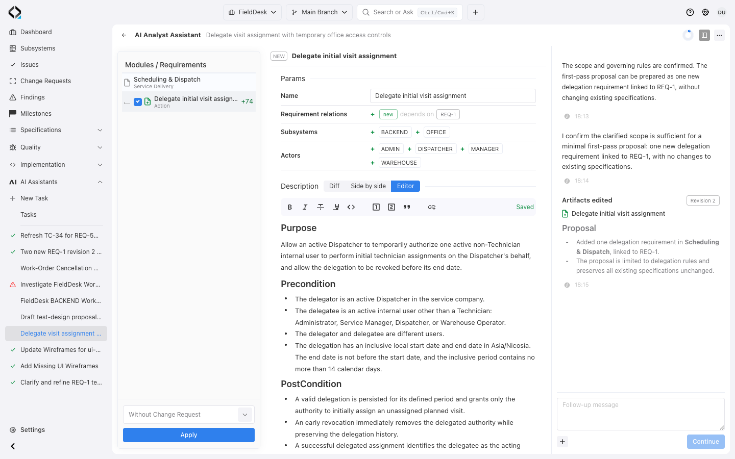 The unapplied FieldDesk delegation requirement in AI Analyst Editor mode, with its REQ-1 dependency and clarification conversation.