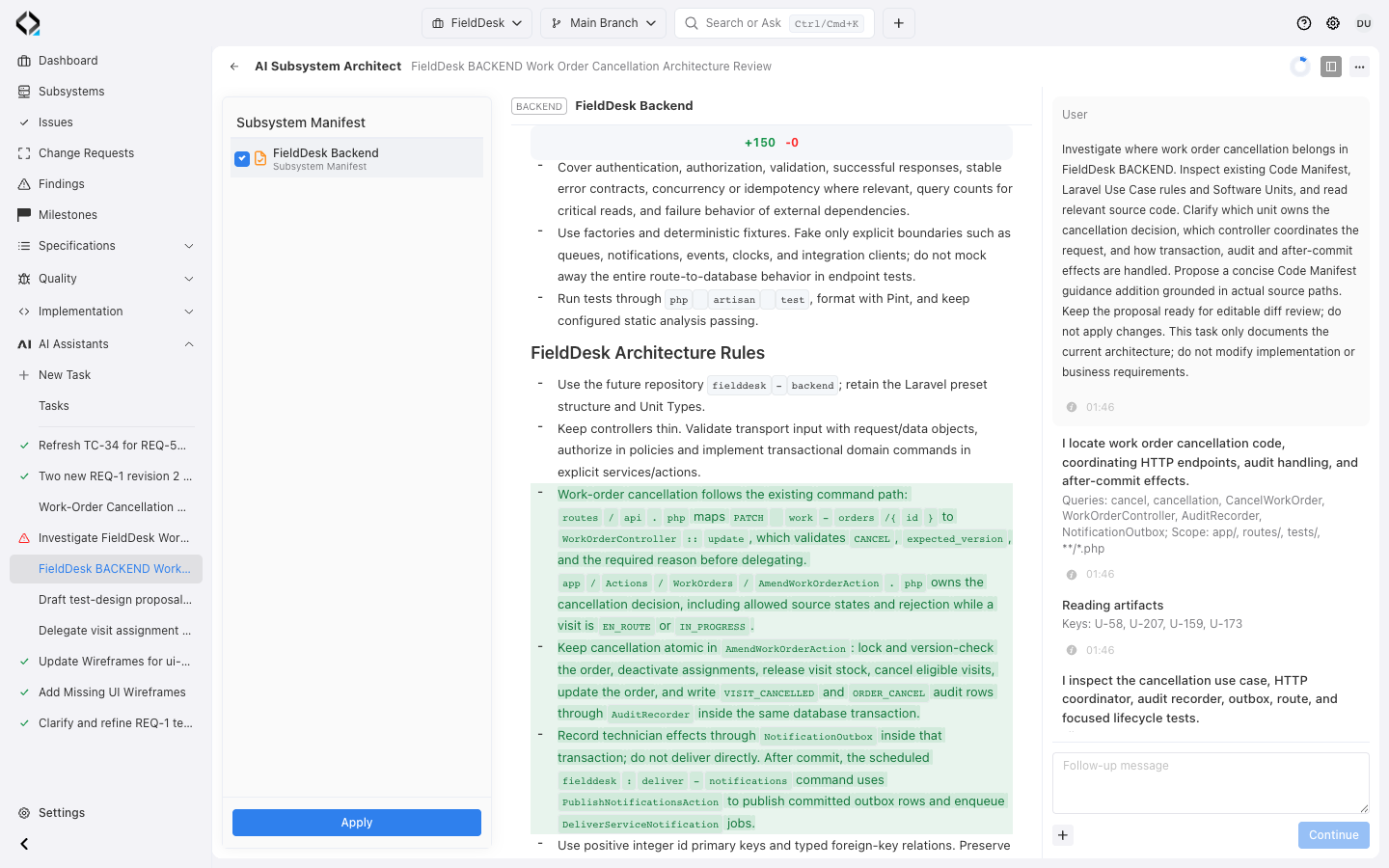 FieldDesk AI Subsystem Architect: BACKEND Code Manifest diff adds work-order cancellation ownership, transaction and outbox rules beside the investigation context.