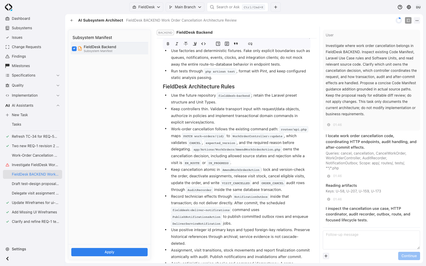 The unapplied FieldDesk BACKEND architecture proposal in Editor mode, with work-order cancellation rules and the original investigation request.